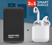 Promate VolTag-10 10000 MAh Compact Portable Charger Power Bank With Dual USB Port, Black + I11-TWS True Wireless Mini Bluetooth Air Pods - White 