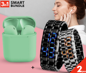 AKM AKM016 Designer 2PCS LED Watch - Black & Silver + InPods 12 Twin Bluetooth Headset - Green 