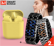 AKM AKM016 Designer 2PCS LED Watch - Black & Silver + InPods 12 Twin Bluetooth Headset - Yellow 