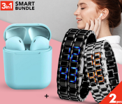 AKM AKM016 Designer 2PCS LED Watch - Black & Silver + InPods 12 Twin Bluetooth Headset - Blue 