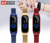 Jongo New Trend Digital Wrist Watch JA157-6 Touch Screen With Magnetic Mesh Belt -Red + Jongo New Trend Digital Wrist Watch JA157-2 Touch Screen With Magnetic Mesh Belt -Blue + Jongo New Trend Digital Wrist Watch JA157-1 Touch Screen With Magnetic Mesh Belt - Gold
