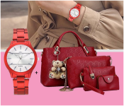 4 Pieces PU Leather Luxury Top-handle Composite Bags Set For Women JA060- Red + Rinnady Watch Luxury Colored Stainless Steel Strap Quartz Watch For Ladies - Red 