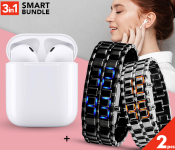 AKM AKM016 Designer 2PCS LED Watch - Black & Silver + InPods 12 Twin Bluetooth Headset - White 
