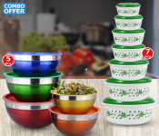 5 Sets Colourful Serving Nesting Stainless Steel Salad Mixing Bowl With Cover + 7 Pcs Food Storage Container Set With Lids 