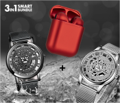 TWS Earphone Wireless Bluetooth Airpod - Red + K20 Unisex Wrist Watch - Black + K30 Unisex Wrist Watch - Silver