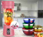 Portable Rechargeable 4B Juice Blender With 4 Stainless Steel Blade - Pink + 5 Sets Colourful Serving Nesting Stainless Steel Salad Mixing Bowl With Cover