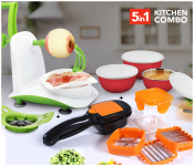 Honnor HND-502 Nicer Dicer Quick 5 In 1 Vegetable And Fruit Presser Slicer + Epsilon EN3625 Apple Peeler With Stainless Steel Blade - White & Green + 3 Sets OE-1746 Serving Nesting Stainless Steel Salad Mixing Bowl With Lids – Red