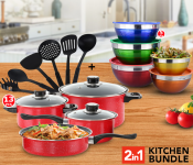 5 Sets Colourful Serving Nesting Stainless Steel Salad Mixing Bowl With Cover + Olympia OE-1313 13 Pieces Marble Design Non Stick Cookware Set - Red