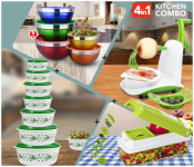 5 Sets Colourful Serving Nesting Stainless Steel Salad Mixing Bowl With Cover + 7 Pcs Food Storage Container Set With Lids + Epsilon EN3625 Apple Peeler With Stainless Steel Blade - White & Green + Nicer Dicer Multi-Function Vegetable And Fruit Peeler