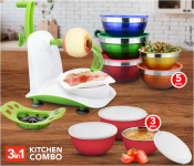 5 Sets Colourful Serving Nesting Stainless Steel Salad Mixing Bowl With Cover + 3 Sets OE-1746 Serving Nesting Stainless Steel Salad Mixing Bowl With Lids – Red + Epsilon EN3625 Apple Peeler With Stainless Steel Blade - White & Green 