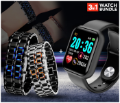 AKM AKM016 Designer 2PCS LED Watch - Black & Silver + JA-F- D20 1.3 Inch Waterproof IPS Color Screen Smart Watch - Black