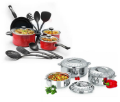 Olympia OE-1313 13 Pieces Marble Design Non Stick Cookware Set - Red + 3 Piece National(Merri Boy) Stainless Steel Insulated Casserole Gift Set - Silver 