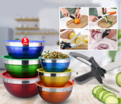 Smart Kitchen Smart Cutter 2 In 1 Knife Cutting Board Scissors Food Accessories Cheese Meat Vegetable Stainless Steel Cutter - Black + 5 Sets Colourful Serving Nesting Stainless Steel Salad Mixing Bowl With Cover
