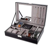 8 Slot PU Leather Watch and Jewelry Organizer Case with Mirror - Black