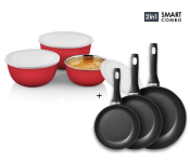 3 Sets OE-1746 Serving Nesting Stainless Steel Salad Mixing Bowl With Lids – Red + Epsilon EN4802 3 Pieces Stainless Steel Fry Pan 