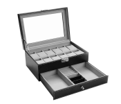 Double Layer 12 Slot Faux Leather Watch Jewelry Storage Box with Drawer Case - Black