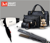 Ladies Luxury Bag 4 Pcs Set With Bear JA063 - Black + Krawn Hair Straightner KR-41011 + Krawn Hair Dryer KW-41008 