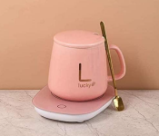 Portable Warmer Heating Cup Ceramics Mug Thermostatic Coaster Mug Mat Office Tea Coffee Milk Heater with Cup Spoon - Pink  - Similar Product Imag - ID 100410