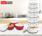 JA185-2 Reoona Round Non-Stick Hot Pot Enamel Casserole Set With Glass Lid 10 Pieces - White + 3 Sets OE-1746 Serving Nesting Stainless Steel Salad Mixing Bowl With Lids – Red