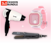 Krawn Hair Dryer KW-41008 + Krawn Hair Straightner KR-41011 + Pearl 6254 Fashionable Solid Square Watch For Women - Pink