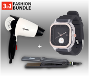 Krawn Hair Dryer KW-41008 + Krawn Hair Straightner KR-41011 + Pearl 6254 Fashionable Solid Square Watch For Women - Black