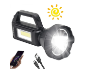 Solar USB Charging Flashlight Built In Battery 500m Long Range Portable Spotlight Outdoor Searchlight Power Bank Camping Light - Black
