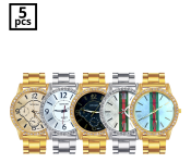 Pack of 5 Stainless Steel Diamond Stone Mixed Design Womens Assorted Color Watch - Gold and Silver