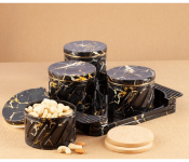 4 Piece Marble Look Dry Fruit Container With Tray Holder - Black