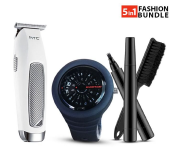 HTC AT-229C Rechargeable Hair Clipper With Stainless Steel Blade - White + Unisex Waterproof Filler Pen For Beard And Eye Brows - Black + New Fashion Quartz Movement Fashion Casual Watch For Men And Women -Black 