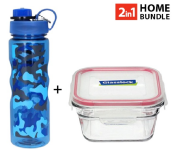 Royalford RF6419 600 ML Military Design Water Bottle - Blue + Glass Lock GL20049 490ml Food Container 
