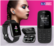 Nokia 105 Dual Sim Mobile Phone - Black (Refurbished) + M19 Digital Display TWS Mini Sports Headset With Charging Bin + D13 Smart Watch With Heart Rate Monitor - Black 