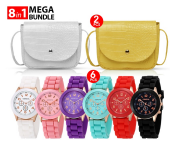 Geneva Silicone Band Woman Watch - Red + Geneva Silicone Band Woman Watch - White + Geneva Silicone Band Woman Watch - Pink + Geneva Silicone Band Woman Watch - Green + Geneva Silicone Band Woman Watch - Blue + Geneva Silicone Band Woman Watch - Black + FN-New Trendy Elegant Mini Satchel Shoulder Bags Crossbody For Ladies - Yellow + FN-New Trendy Elegant Mini Satchel Shoulder Bags Crossbody For Ladies - White