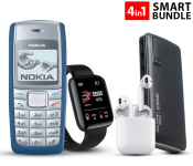 InPods 12 Twin Bluetooth Headset - White + Nokia 1112 Mobile Phone- Blue (Refurbished) + D13 Smart Watch With Heart Rate Monitor - Black + Demaco Super Power Bank 20000mAh - Black 