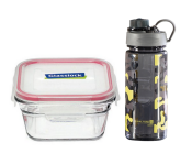 Glass Lock GL20049 490ml Food Container + Royalford RF6419 600 ML Military Design Water Bottle - Grey 