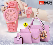 Ladies Luxury Bag 4 Pcs Set With Bear JA062 - Light Pink + Geneva Silicone Band Woman Watch - Pink 