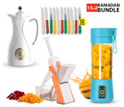 Fuxwell High Quality Stainless Steel 3inch Knife Set - 12Pcs + Brava Spring Slicer -JA167-A + Milton Vaccum Flask Arabic Design - White + Portable Rechargeable Juice Blender 6B With USB Charger JA016 - Blue 