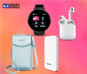 D18 Fitness Tracker Bluetooth Smart Bracelet Heart Rate Monitor With Colour LCD Touch Screen For Android And IOS - Black + Demaco Super Power Bank 20000mAh - White + InPods 12 Twin Bluetooth Headset - White + Forever Young Women PU Leather Mini Sling Bag - Blue