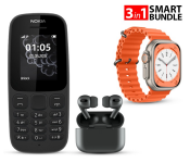 Nokia 105 Dual Sim Mobile Phone - Black (Refurbished) + 8 Series XS8 Pro Ultra Smart Watch Ocean Band Loop Wrist Strap - Orange + TWS Airpod Pro 3 Bluetooth Earphones Wireless Headset - Black