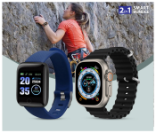 D13 Smart Watch With Heart Rate Monitor - Blue + 8 Series XS8 Pro Ultra Smart Watch Ocean Band Loop Wrist Strap - Black