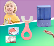 RMN Pack Of 1 Piece U Shaped Silicone Toothbrush For Kids + Taqdeer SD-2002 Double Hand Soap Dispenser - Blue 