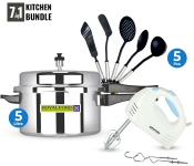 Royalford RF5802 5 Litre Aluminium Pressure Cooker With Outer Lid - Silver + Krypton KNHB6043 150 Watts Hand Mixer - White + Royalford RF1796-NKT Nylon Kitchen Tool Set - 5 Pieces