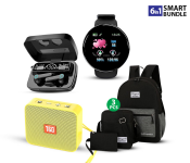 M19 Digital Display TWS Mini Sports Headset With Charging Bin + D18 Fitness Tracker Bluetooth Smart Bracelet Heart Rate Monitor With Colour LCD Touch Screen For Android And IOS - Black + TG-166 Bluetooth Speaker Outdoor Portable Hands-Free Calling - Yellow + Galaxy Unisex Set Of 3 Pieces Business Laptop Backpack - Black