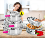 3 Piece Max Fresh Solitaire Stainless Steel Insulated Hot Pot Casserole Gift Set - Silver, 3500ml, 2500ml, 1500ml. 