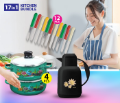 OE-002 4 Pieces DDSTK Olympia Casserole Set Olympia - Green And Silver + Milton MLT100102 Vacuum Insulated Flask Ellie 1 Litre - Black + Fuxwell High Quality Stainless Steel 3inch Knife Set - 12Pcs 