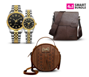 Moroccan Round Messenger Hand Bag For Women + Casual Couple 1515 Watches For Women And Men Analog Quartz Wrist Watch - Black + Men's Sling Cross Body Stylish PU Side Messenger Bag - Assorted Color