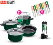 Olympia 14 Piece High Quality Non Stick Cookware Set With Deep Fryer - Green + Fuxwell High Quality Stainless Steel 3inch Knife Set - 12Pcs 