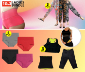 Taqdeer 1545 3 Pieces New Hot Neoprene Body Shaper Set - Black - XL + 7264 Pack Of 3 Printed Comfortable Palazzo Pants For Women + 4 Piece Free Size Women's High Waist Comfy Seamless Stretch Band Waist Lingerie Panty