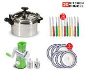 6pc Melamine Number 10 Dinner Round Plate Dish Set - White And Blue + Multi Purpose Manual Round Table Grinder For Vegetables And Meat + DLC PC103 Pressure Cooker 3L - Silver + Fuxwell High Quality Stainless Steel 3inch Knife Set - 12Pcs 