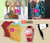 Bundle 3 PCs Set Feme Womens Hijab Scarf Collection + 3 PCs Set Mixed Print Design T-Shirt for Women + 2 PCs Set 7264 Printed Comfortable Palazzo Pants for Women + 1 PCs Set Krawn Hair Dryer KW-41008 + 1 PCs Set Femme 7360 Casual Wrist Watch with Leather Strap for Women - Red