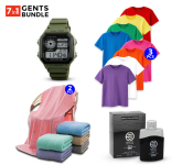 Bundle 3 PCs Set Uni Mixed Color Breathable Casual Round Neck Cotton T-Shirt - Large + 2 PCs Set Classic Large Bath Towel + 1 PCs Set EMYC 304 25ml Gents Perfume + 1 PCs Set BNMI Water Resistant Shock Military Sports Digital Watch - Green